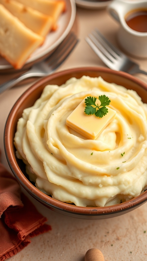 A bowl of creamy mashed potatoes topped with butter and parsley, with a fork and gravy on a rustic table.